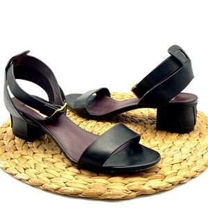 VALENTINO GARAVANI BLACK LEATHER LOGO LOW BLOCK HEEL ANKLE SANDALS 10 LADY 40.5